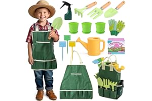 JOI MEW Kids Gardening Tools Set, Garden Toys w/ Wooden Handle Alloy Rake,Fork,Trowel, Watering Can,Gloves,Tote Bag,Plant pot