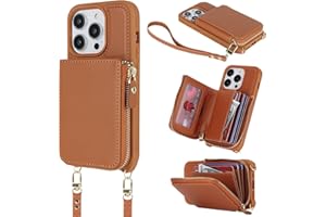 Hamany Crossbody Phone Case for iPhone 13 Pro Max Case with Strap for Women iPhone 13 Pro Max Wallet Case with Card Holder Flip Folio Leather Zipper Cover with Credit Holder-Brown