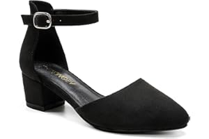 LAURMOSA Little Girls Sandals Closed Toe High Heels Formal Dress Shoes Ankle Strap Pointed Toe Heeled for Little Big Kids in Wedding Party Block Chunky Pump Shoes