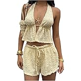 GORGLITTER Women's 2 Piece Textured Shorts Sets Ruffle Halter Top Drawstring Shorts Matching Outfits