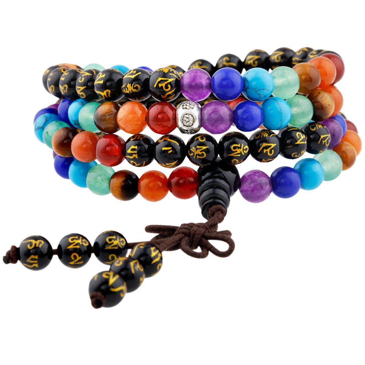 Shanxing 6mm 108 Prayer Beads Mala Bracelet Tibetan Buddhist Buddha Meditation Stone Necklace(Six Words Mantra), 7 Chakra & Black Agate, Total Length About 25” / 64cm
