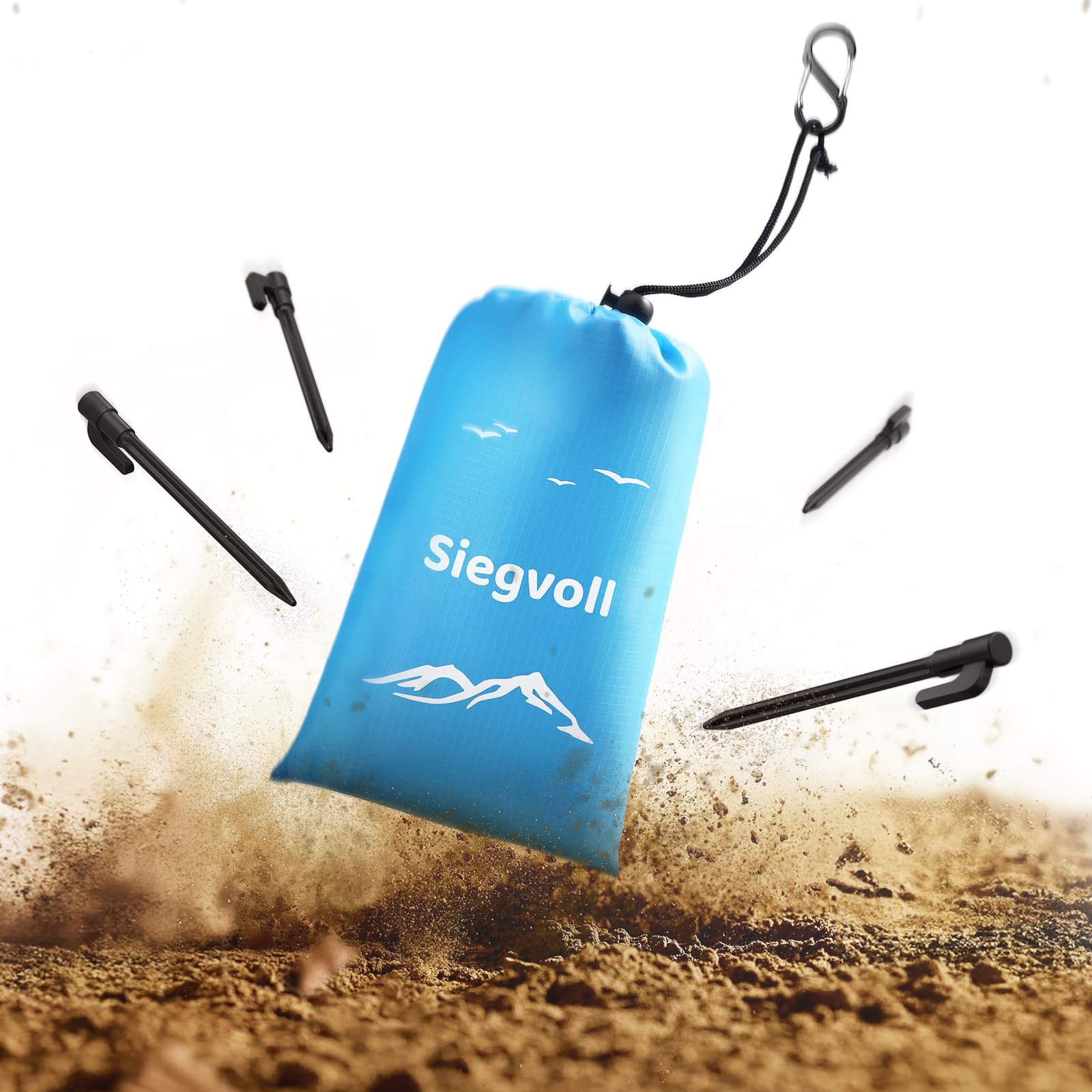 Siegvoll Sand-Free Beach Blanket, 210 x 200 cm, Ultralight, Portable Outdoor Picnic Blanket for Beach, Hiking, Camping, Beach Mat with 4 Attachment Corners, Carabiner, Carry Bag