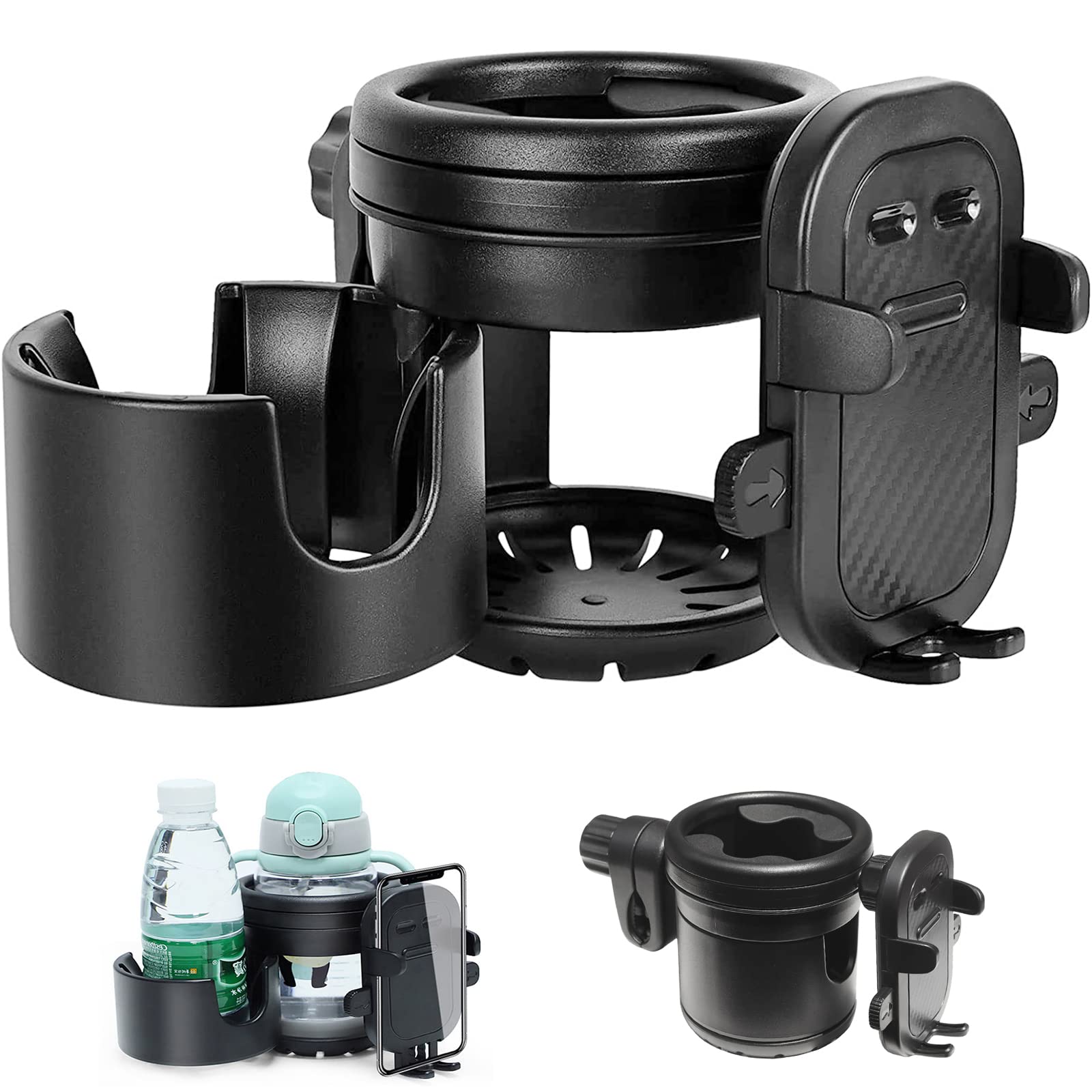 Tawveml Cup Holder with Phone Storage, 3-in-1 Pram Drink Holder, 360° Rotating, Universal Fit for Prams, Hikers, Wheelchairs, Bicycles etc., ABS Material, Model FBA@ZX25