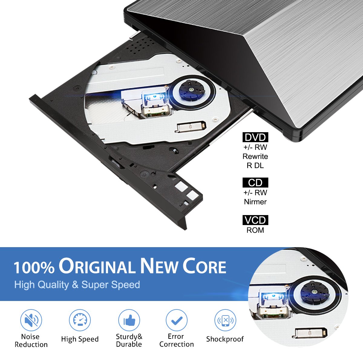 External CD DVD Drive, BESTRUNNER USB 3.0 Slim Portable CD DVD RW Writer Burner Optical Drive for Notebook Laptop Desktop PC White