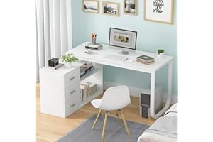 Homsee Home Office Computer Desk Corner Desk with 3 Drawers and 2 Shelves, 55 Inch Large L-Shaped Study Writing Table with Storage Cabinet - White
