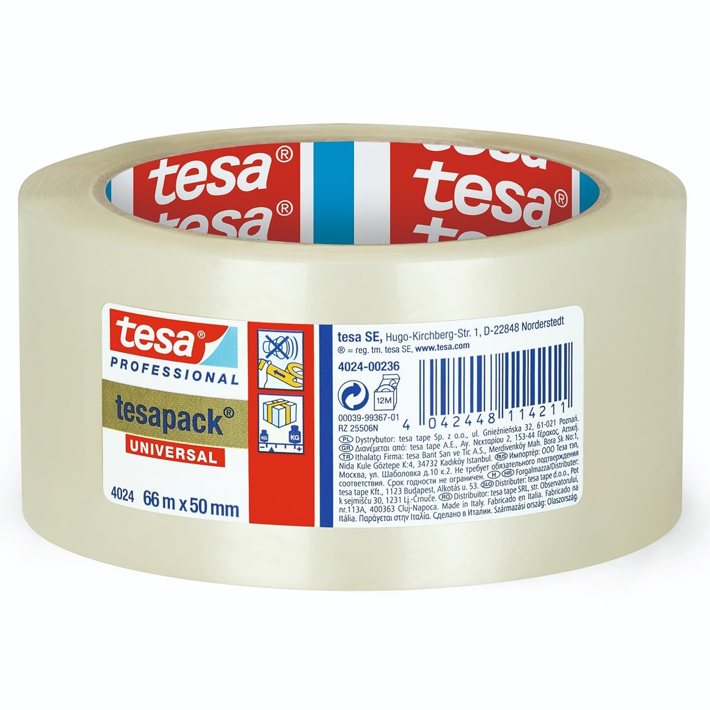 tesa tesapack 4024 Universal PP - Pack of 36 - Parcel Tape Made of PE Film - Shipping Tape for Quiet Unrolling - Weather and Ageing Resistant - Transparent - 66 m x 5 cm Each