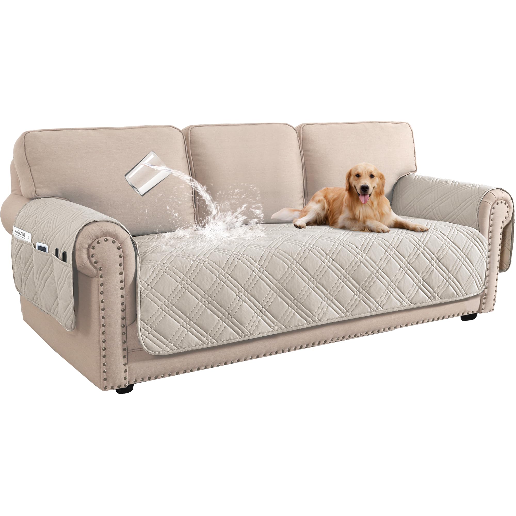 BellaHills 100% Waterproof 3 Seater Sofa Cover - Slipcovers with Side Pocket - Washable Sofa Seat Covers - Pet Couch Cover - Frenah Oak