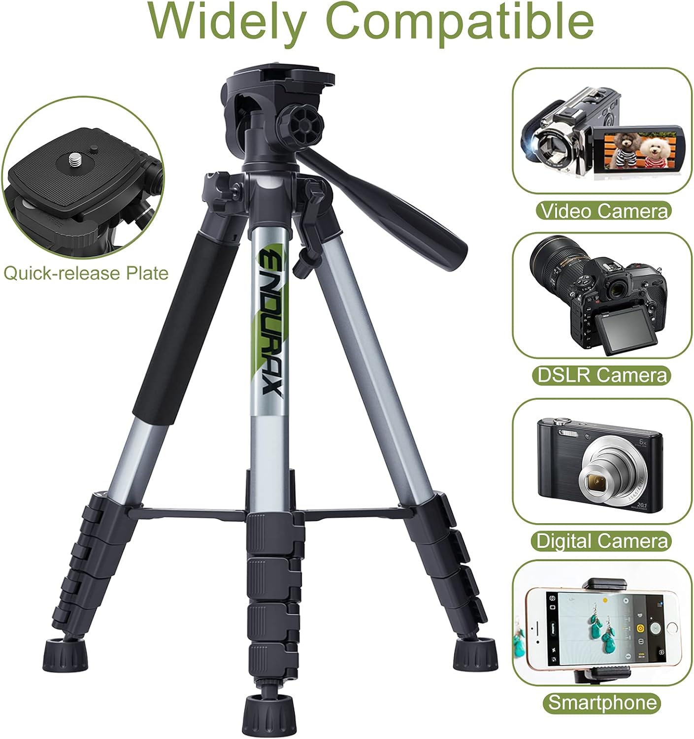 Endurax 66" Video Camera Tripod Compatible with Canon Nikon Lightweight Aluminum Travel DSLR Camera Stand with Universal Phone Holder Mount and Carry Bag : Camera & Photo