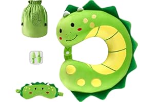 urnexttour Travel Neck Pillow for Kids, Dinosaur Memory Foam Pillow with Cute Sleep Mask & Earplugs, Lightweight Travelling Pillow Set for Airplane, Car, Train, Bus and Home Use (Green)