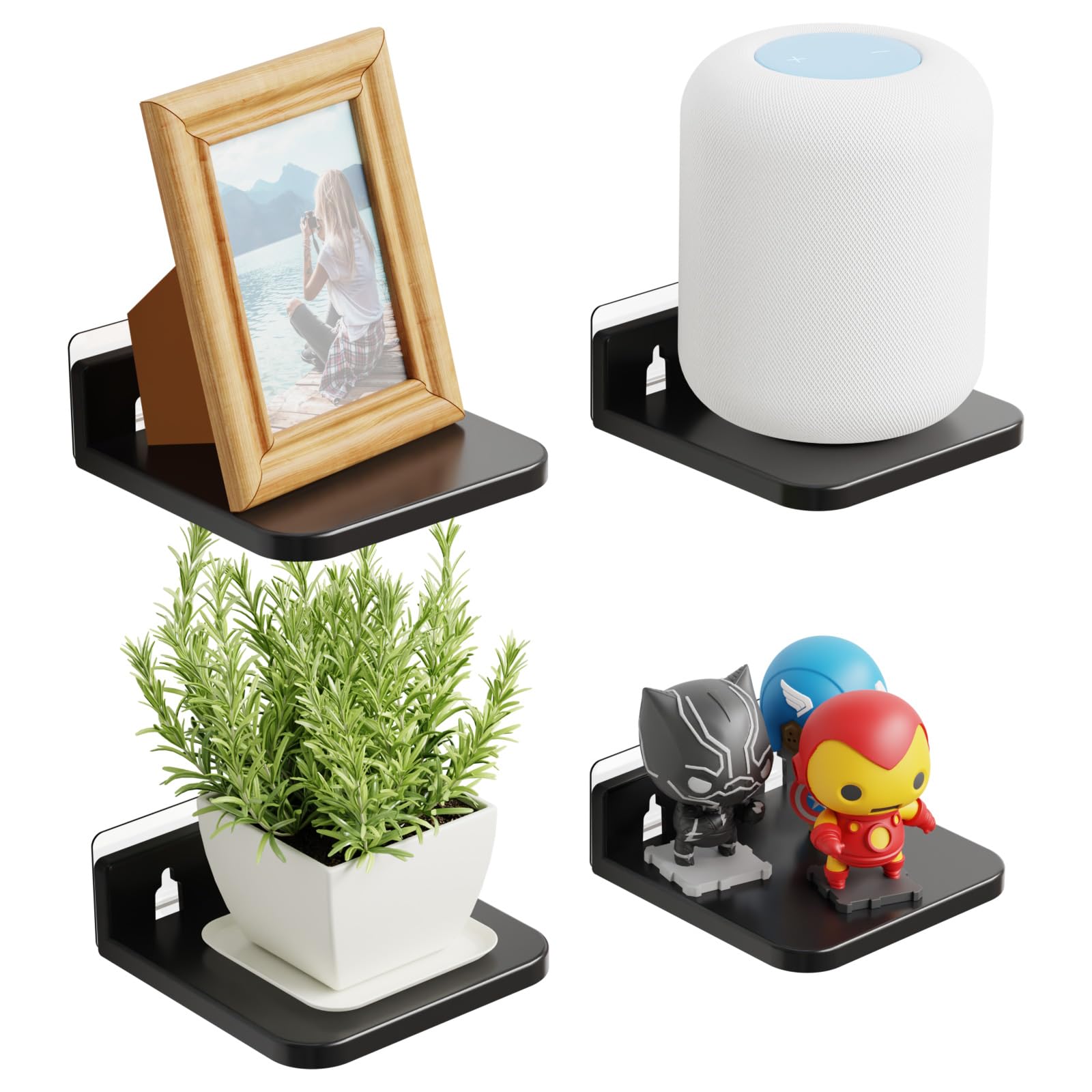 Photo 1 of Plastic Yieach 5 Inch Mini Wall Shelf for Figurine,Action Figure Shelves,Bedroom,Gaming Room Decor,4 Pack No Drill Adhesive Acrylic Floating Shelves for Picture,Plant,Funko,Anime Figure Display Shelf,Black