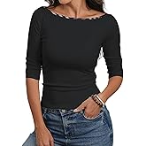 Meetrendi Women's Cute Summer Tops Boat Neck Half Sleeve Basic Tee Shirts Casual Fitted Spring Clothes