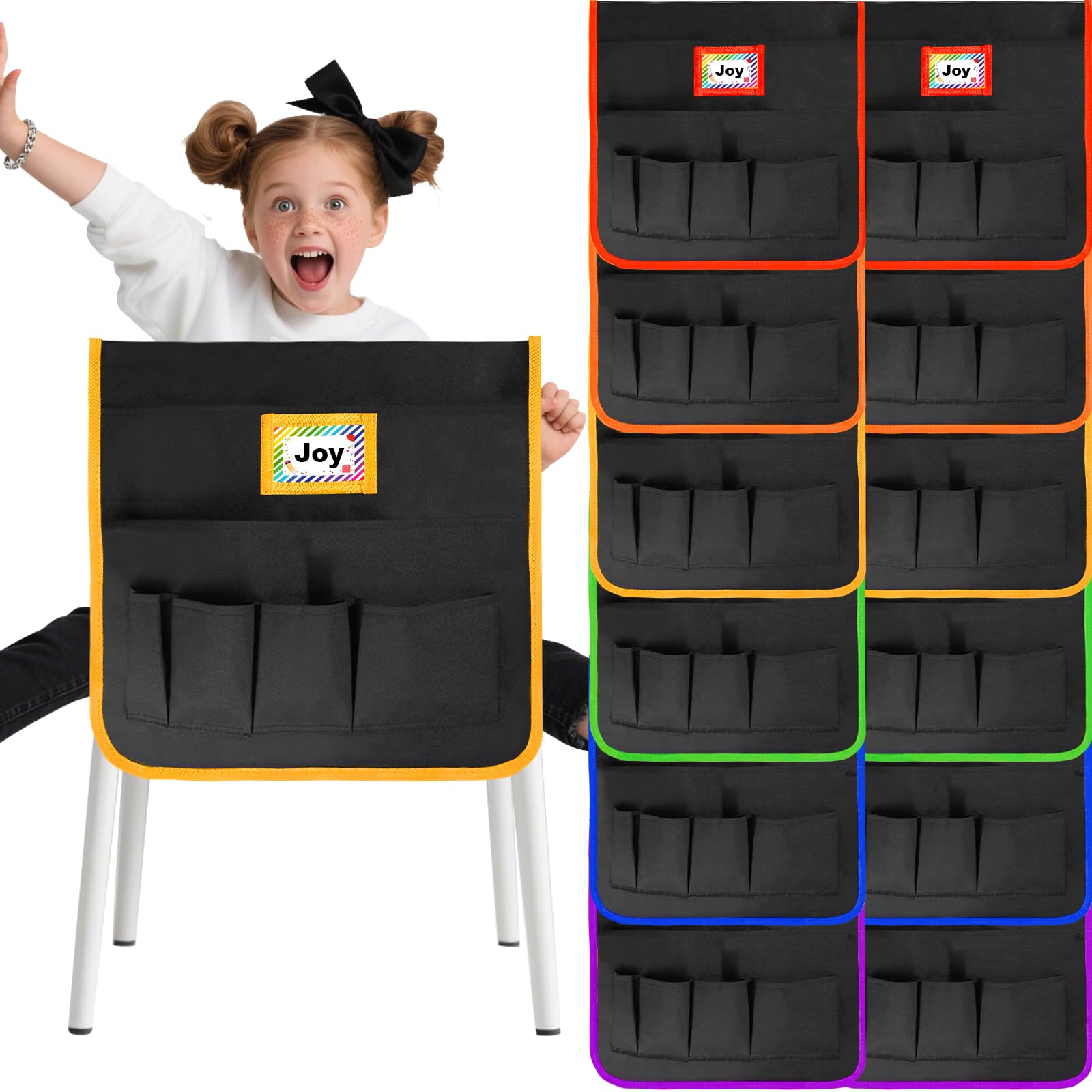 Photo 1 of Natonhi 12 PCS Chair Pockets for Classrooms, 17.5 x 16.5 inch Seat Sacks for Classroom Chairs K-2 with Name Card, Student Chair Pockets for Kindergarten, School, and Home, Black