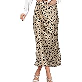 Women's Skirt, Midi Satin High Waist Skirt, Zipper Elegant Cocktail Party Wedding Flared A-Line Skirts for Women (Small, L) Leopard