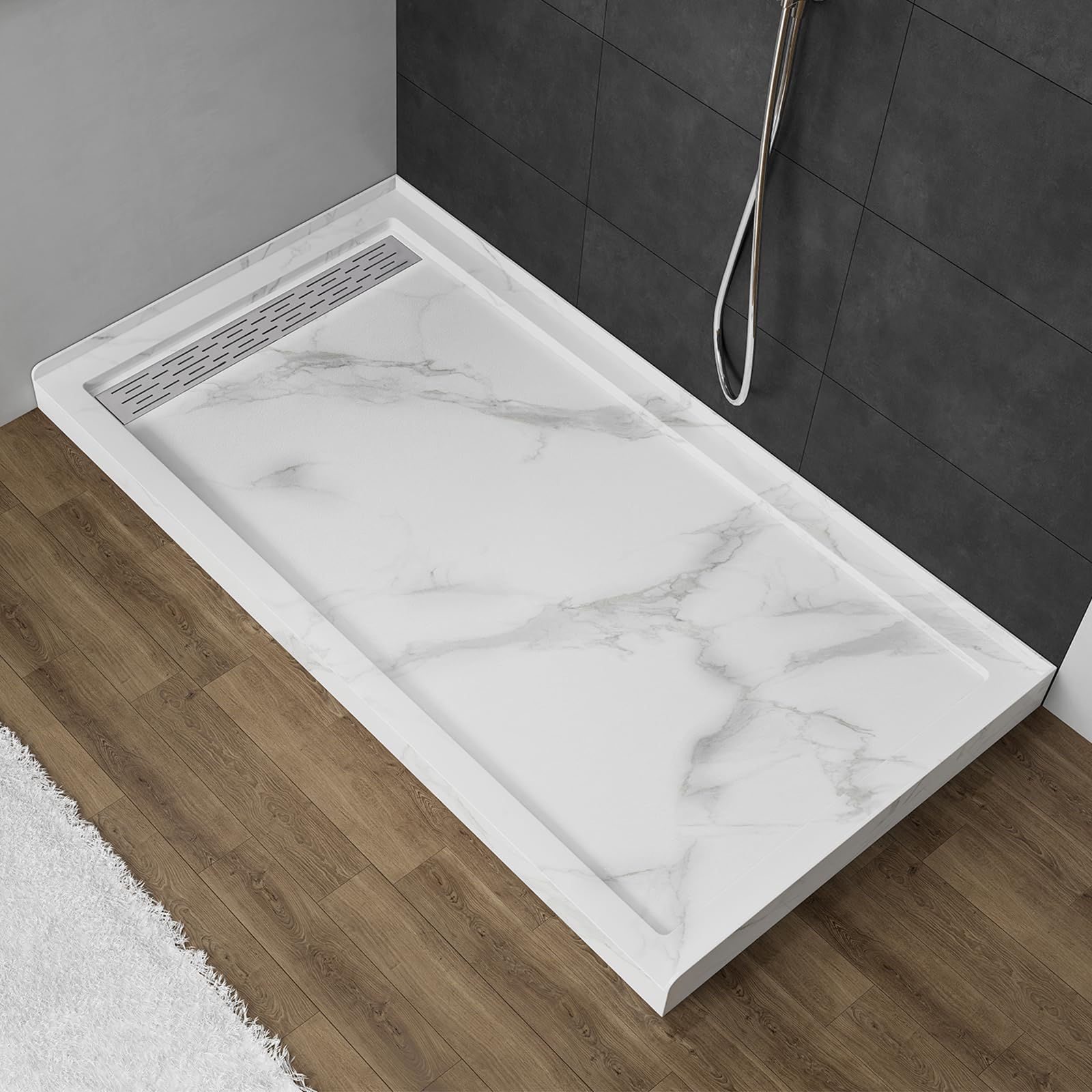 Photo 1 of MORVANO 60 x 32 Shower Base with Single Threshold Rectangular Left Drain Location Shower Base,Shower Pan With Stainess Steel Cover,Marble White Acrylic Shower Base