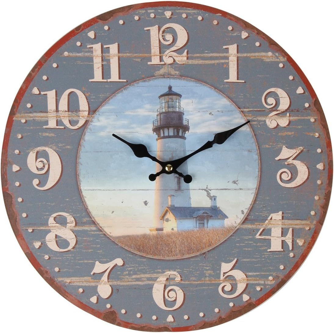 Lily's Home Rustic WoodStyle Country Lighthouse Wall Clock, Fits