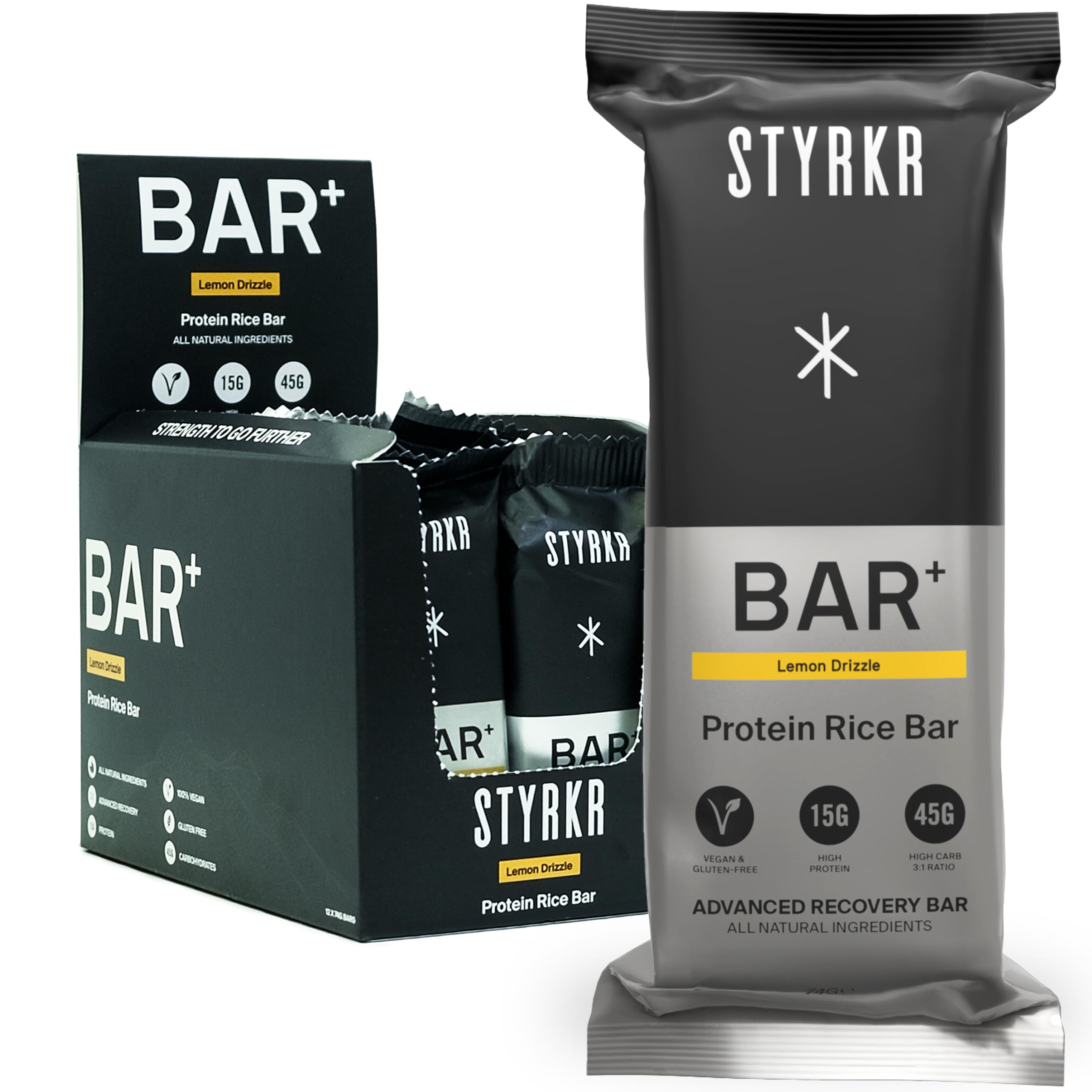 Styrkr BAR+ High Protein Energy Bars - 15g of Protein & 45g of Carbs - Pack of 12 Rice Bars - Lemon Drizzle Flavour - Approved by Endurance Athletes for Cycling & Running - 12x Pack