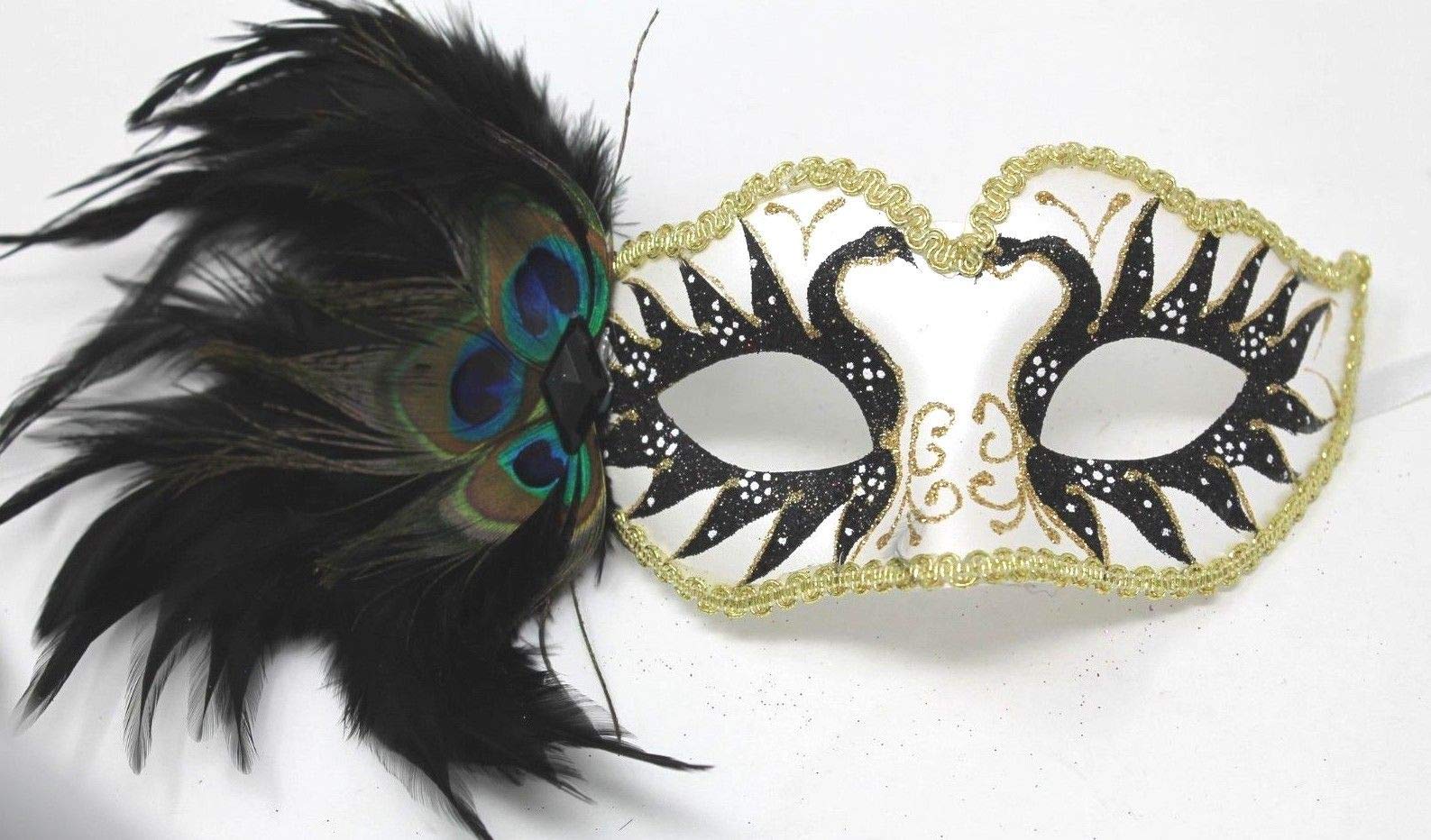 LADIES IVORY BLACK & GOLD VENETIAN MASQUERADE HALLOWEEN CARNIVAL PARTY EYE BALL PEACOCK FEATHER MASK