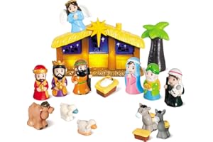 HOTFUN Lighted Nativity Set for Kids, Christmas Story Nativity Playset Figures, 17 Pcs Childrens Nativity Set with Baby Jesus Mary Joseph & Manger, Little Nativity Scene for Preschool Boys Girls