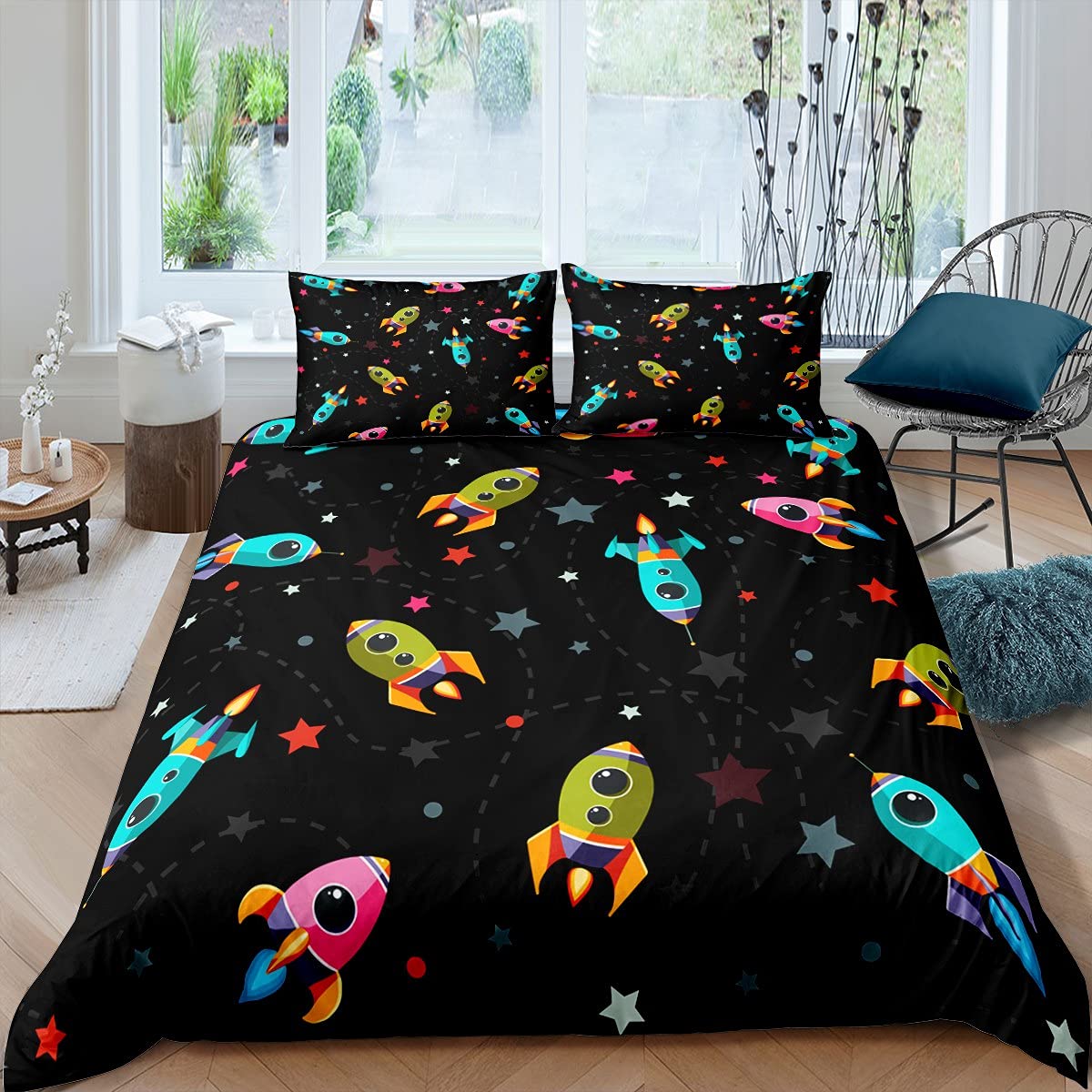 Space Rocket Bedding Set for Kids Boys Children Twinkle Stars Galaxy Comforter Cover Outer Space Universe Duvet Cover Bedding & Linen Single Size Bedding 2Pcs