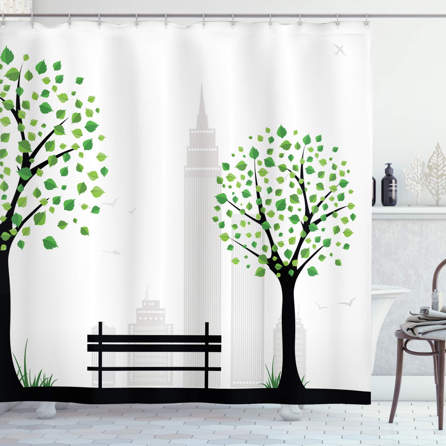 ABAKUHAUS Leaf Shower Curtain, Minimalist City with Simple Lines and Leaf Patterns in Boho Design Print, Cloth Fabric Bathroom Decor Set with Hooks, 78 Inches, Green Black — image 1