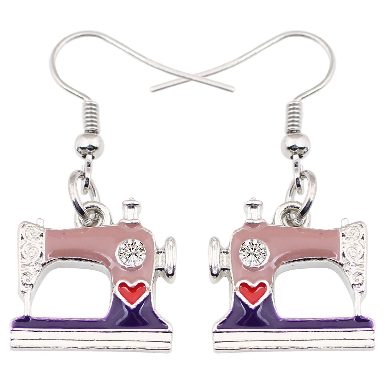 WEVENI Enamel Alloy Crystal Sewing Machine Earrings Dangle Drop Unique Jewelry Dainty Gift For Women Girls Ladies (Purple)