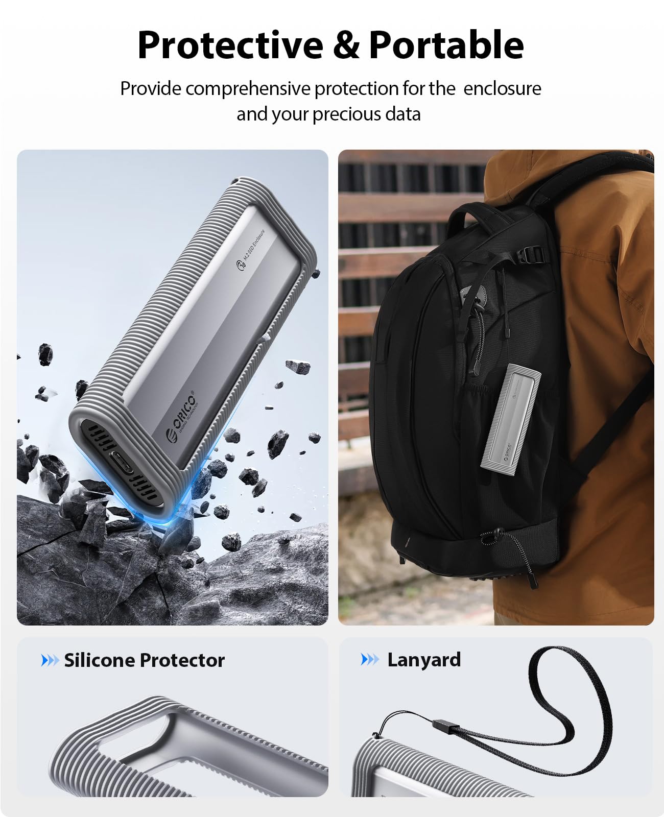 ORICO M.2 NVMe Gehäuse Werkzeugfreies, USB 3.2 10Gbps M2 SSD Gehäuse mit Silikon-Schutzhülle & Schlüsselband, Aluminium NVMe USB Adapter für NVMe PCIe M-Key SSD in 2230/2242/2260/2280-AXM2 3