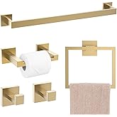 TQKAG Brushed Gold Bathroom Hardware Accessories Set 5 Pieces, Double Post Pivoting Toilet Paper Holder Set Stainless Steel Square Bathroom Towel Bar Holder Set Wall Mounted