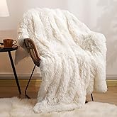PHF Luxury Fuzzy Faux Fur Throw Blanket, Soft Shaggy Plush Comfy Blanket, Warm Thick Fluffy Blanket for Couch, Bed, Chair, Sofa, Furry Elegant Throw for Home Decor, Cream, 50" x 60"