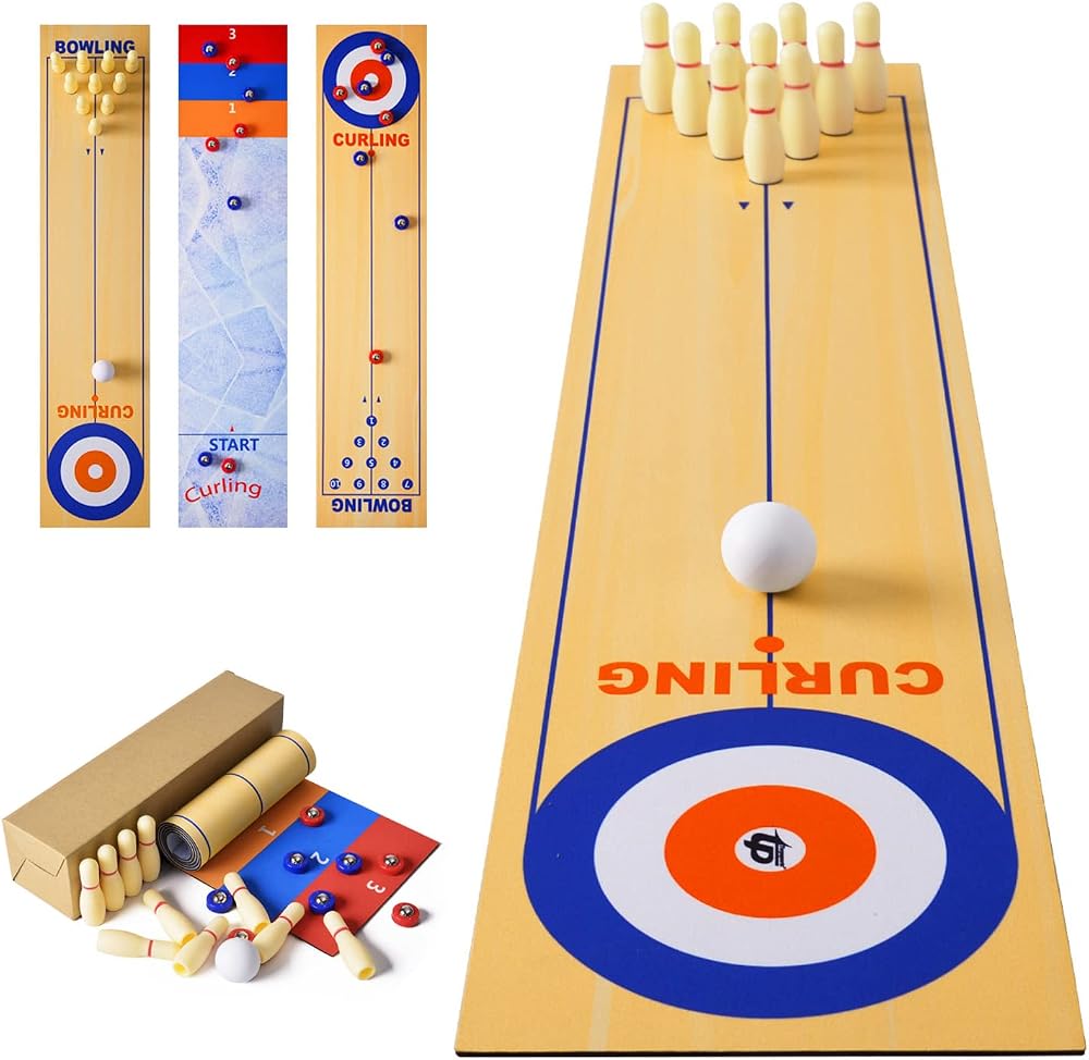 RAYNA GAMES 3 in 1 Tabletop Shuffleboard Bowling Curling Set 8 P rollers