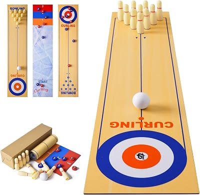 RAYNA GAMES 3 in 1 Tabletop Shuffleboard Bowling Curling Set 8 P rollers