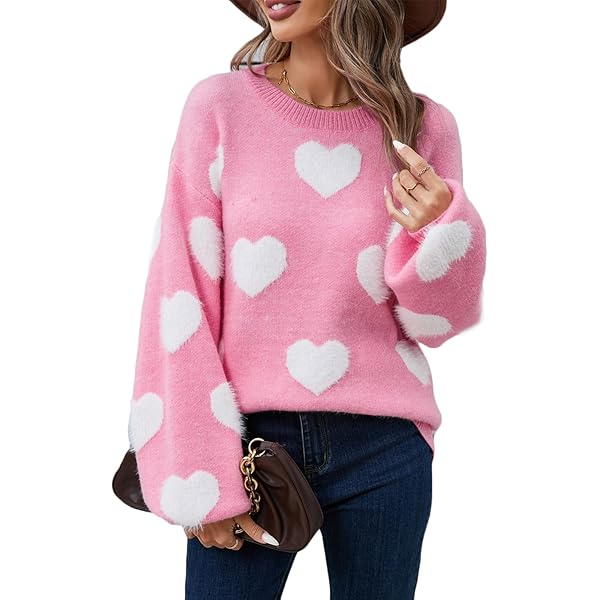 Women Valentine's Day Heart Print Sweater Knit Long Sleeve