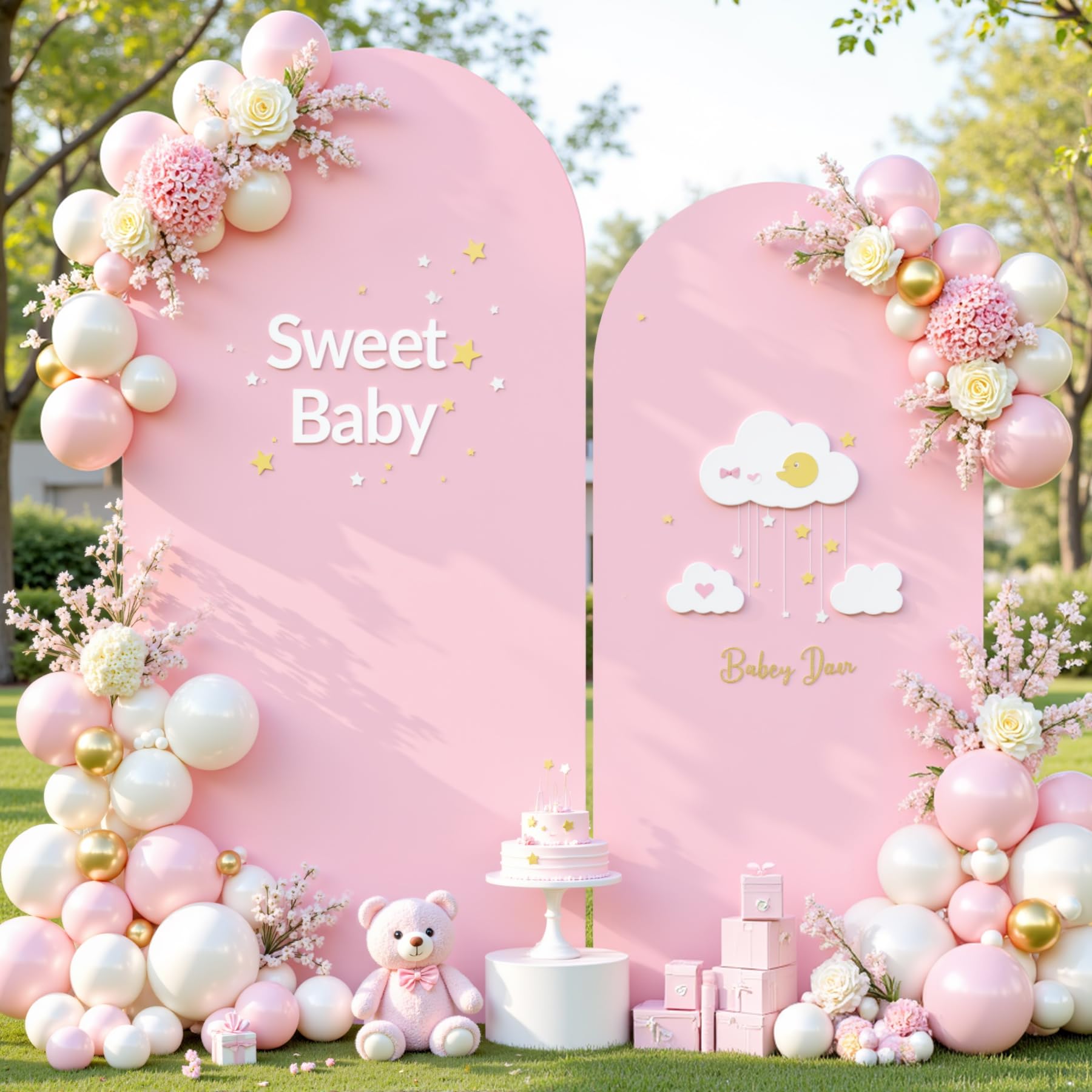Photo 1 of Pink Arch Backdrop Cover Set of 2-7.2ft, 6ft Arch Covers Stretchy Backdrop Spandex Baby Shower Arch Stand Covers for Girls Birthday Party Wedding Bridal Shower Photo Background Decorations