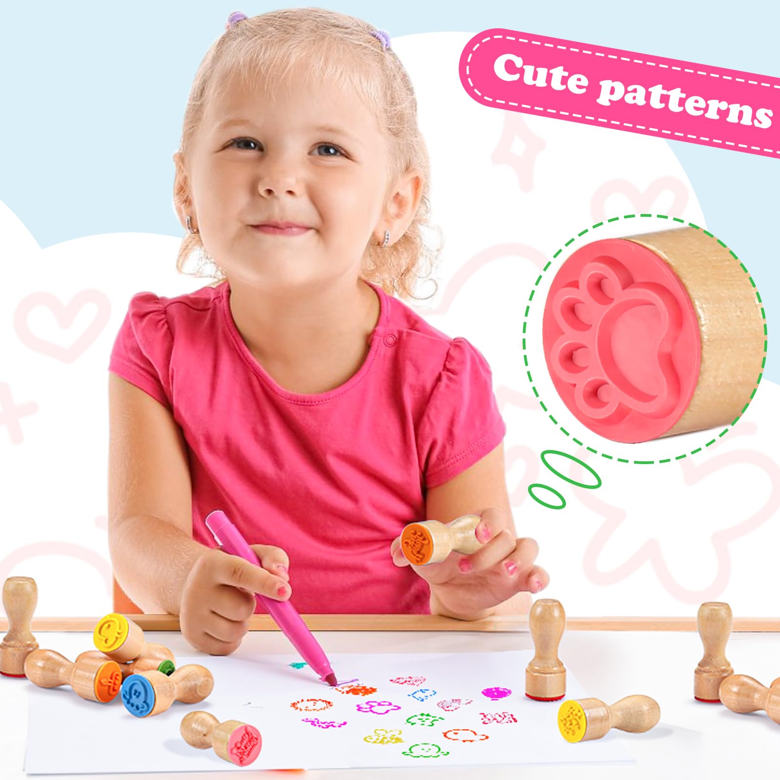 MeCids Stamps for Kids, 21Pcs Wooden Stamp Set - Animal Stamps Star Rainbow Cute Pattern Stamp for Kids Birthday Gift Party Favor Carnival Prizes, Kid Art Projects