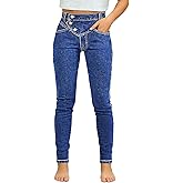 Flamingals High Waist Button Up Crossover Waist Skinny Jeans Butt Lifting Vintage Stretchy Washed Bootcut Denim Pants