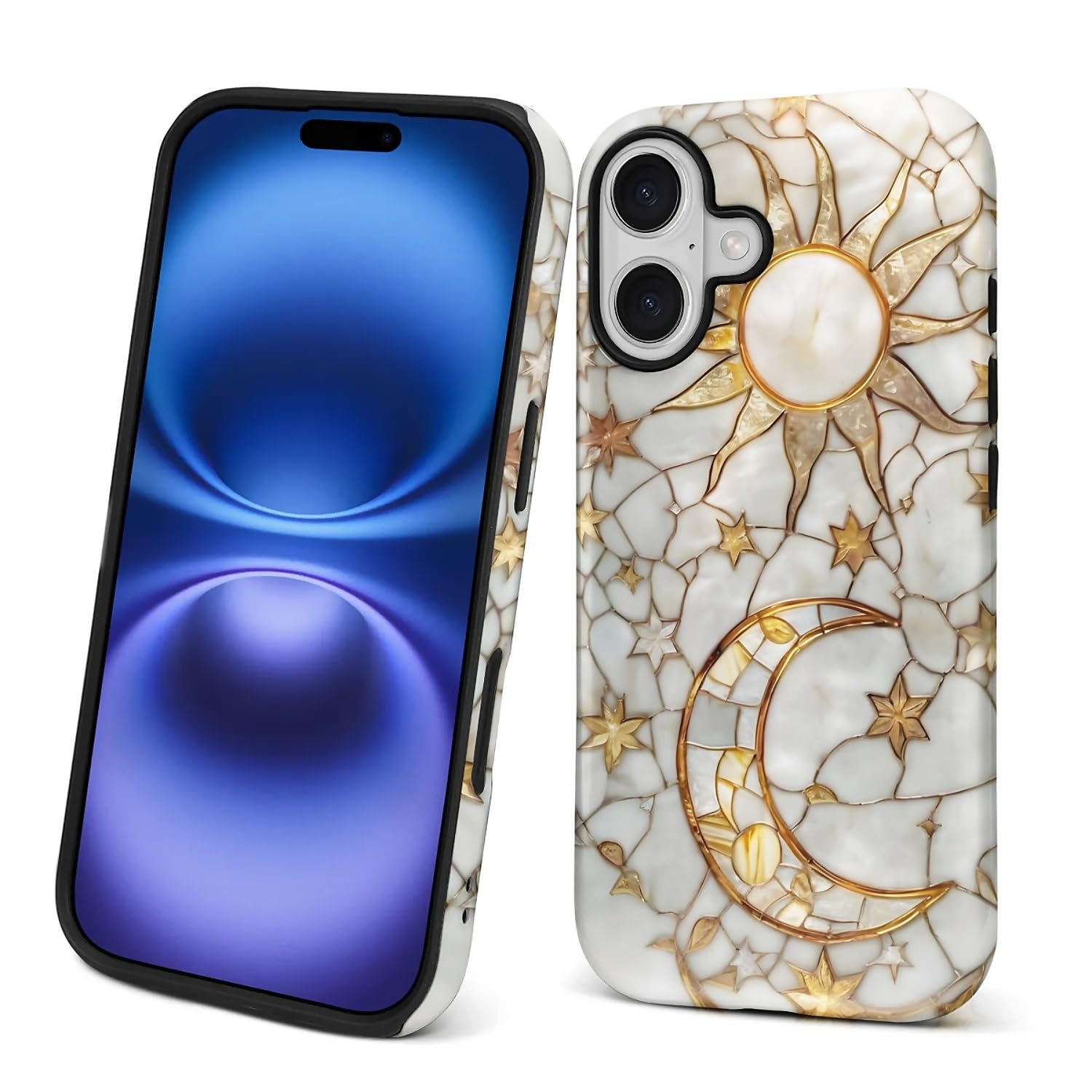 Punmada for iPhone 17 Case,Girl Women Boy Hard Hybrid Shell Shockproof Silicone Full Body Protective Matte Case for iPhone 17 White Textured Line Sun Moon Pattern