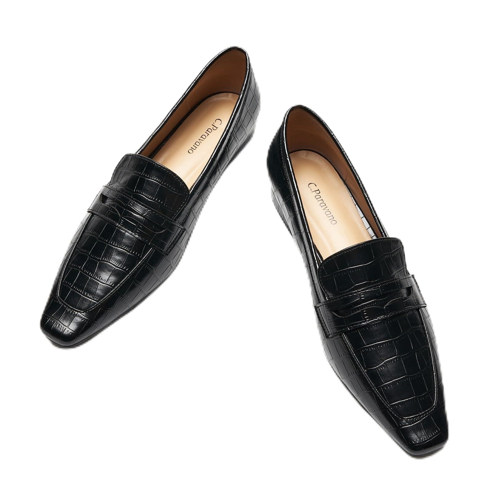 Photo 1 of C.Paravano Black Penny Loafers for Women, Slip-ons Comfortable Dressy Formal Dress Square Toe Flats Loafer Shoes for Business Casual Wear(C-Black,Size 10)