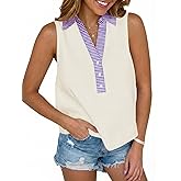 Tankaneo Womens V Neck Cropped Tank Tops Summer Dressy Casual Loose Fit Sleeveless Shirts Button Up Color Block Tees