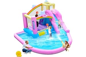 EASYAIR Inflatable Bounce House Water Slide for Kids, Rainbow Cloud Splash Pool, Indoor Or Outdoor Bouncy Castle, Climbing Wall, 2 Basketball Hoops, Included Blower (Pink, 154" L x 144" W x 94" H)