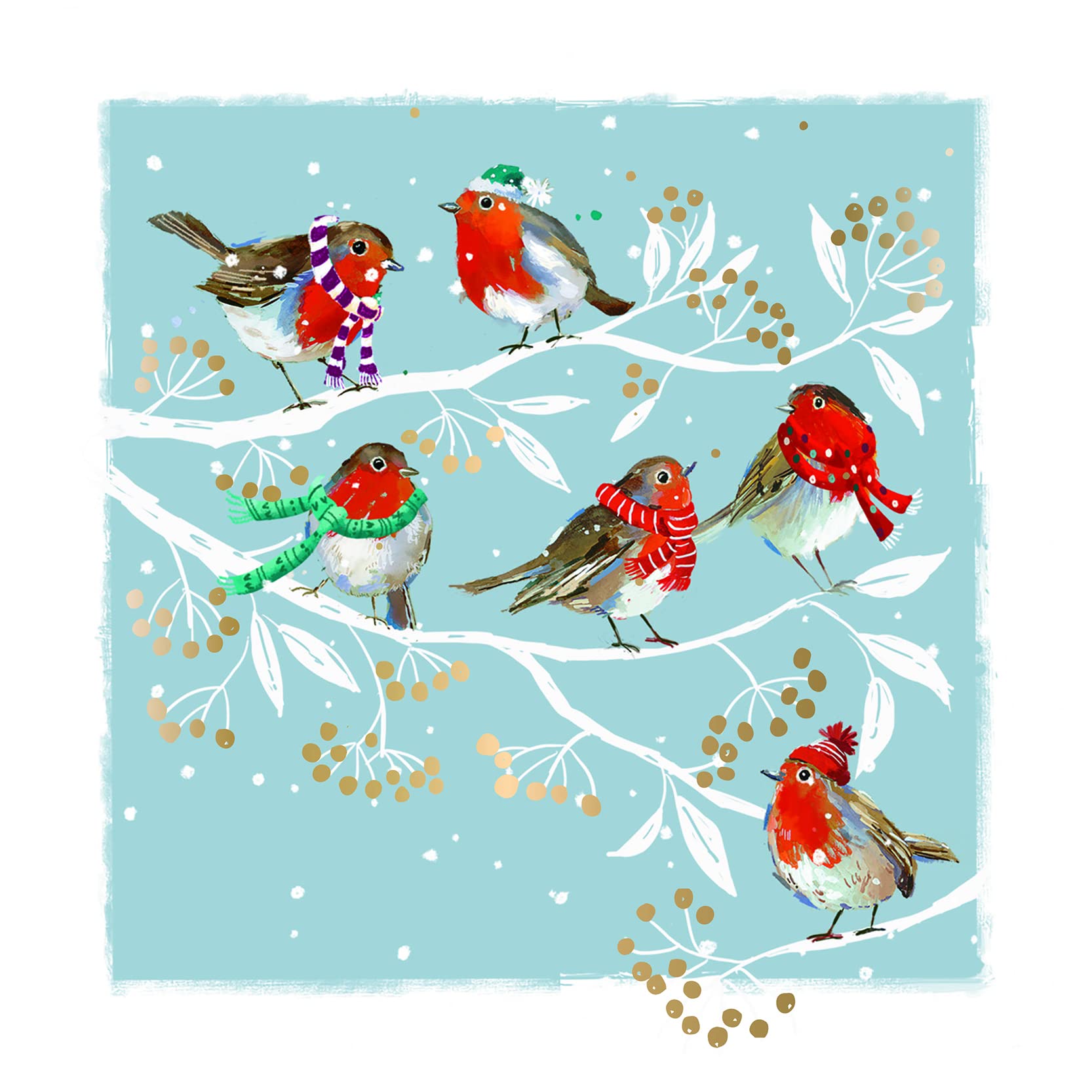Ling Design Pack of 6 Artistic Charity Christmas Cards - 'Festive Robins' - Robins Wearing Scarves - From The Great British Card Company