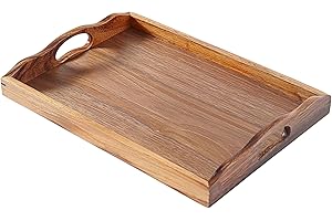 MOOKOMI Nature Walnut Wooden Serving Tray with Handles, Solid Wood Food Tray for Coffee, Breakfast, Dinner, Ottoman,16.6x11.8