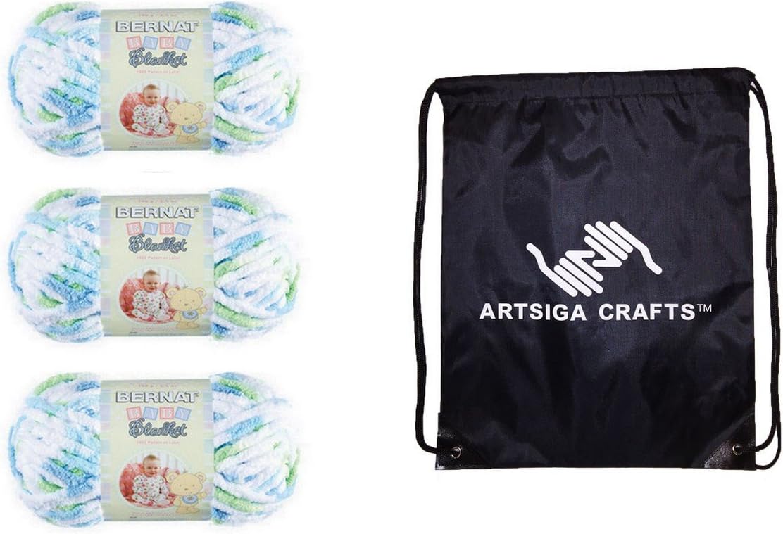 Bernat Knitting Yarn Baby Blanket Funny Prints 3-Skein Factory Pack (Same Dyelot) 161103-03233 Bundle with 1 Artsiga Crafts Project Bag