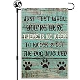 Hafhue Just Text Us When You're Here No Need To Knock And Get The Dogs Involved Welcome Garden Flag, Yard Outdoor Farmhouse Decorations 12x18 Inch Waterproof Double Sided Printing, Dog Lovers Gift