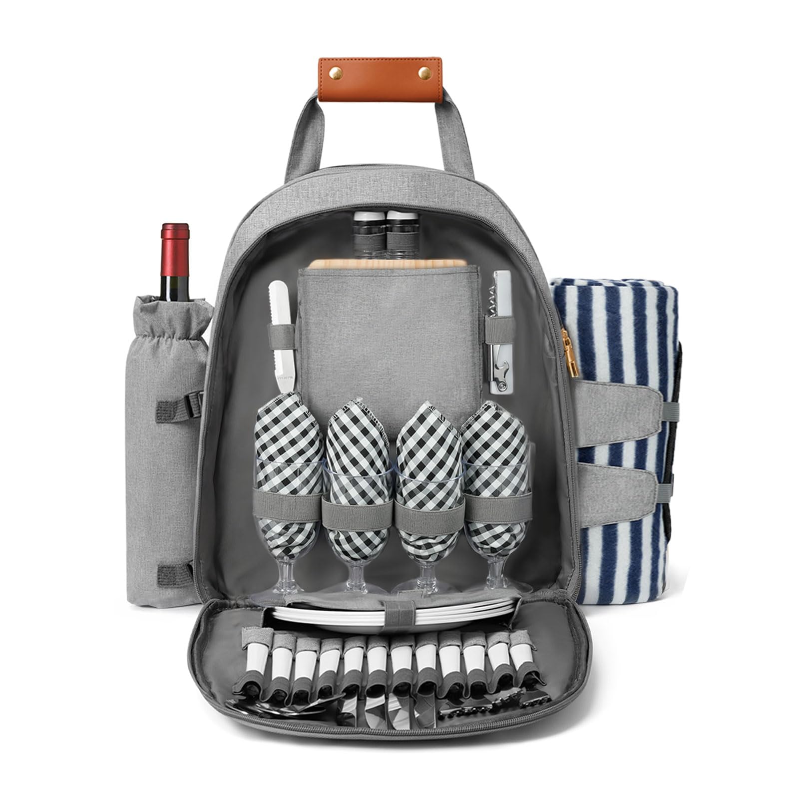 Photo 1 of Picnic Backpack Bag for 4 Person with Cooler Compartment and Wine Holder,Fleece Blanket,Cutlery Set,for Camping,Beach,Day Travel,Hiking,BBQ and Family/Couples Gifts,Accessories,Supplies(Light Gray)