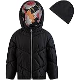 Jessica Simpson Girls' Puffer Jacket with Cozy Lined Hood and Matching Beanie