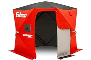 Eskimo QuickFish™ 3HD, Pop-Up Portable Shelter, No-Trip Door, Red/Black, Fully Insulated, Deluxe Ice Anchors, Three Person, Ice Fishing Shelter, 46075