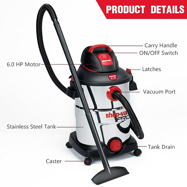 SHOP-VAC 12 GALLON 6.0 PEAK HP WET/DRY VACUUM, STAINLESS STEEL TANK, 3 IN 1 FUNCTION PORTABLE SHOP VACUUM WITH ATTACHMENTS, DRAIN PORT, IDEAL FOR JOBSITE, GARAGE & WORKSHOP. 5926211