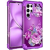 LONTECT for Galaxy S22 Ultra 5G Case Shockproof 3 in 1 Heavy Duty Rugged Hybrid Sturdy High Impact Drop Protective Cover Flower Case for Samsung Galaxy S22 Ultra 5G,Purple Floral