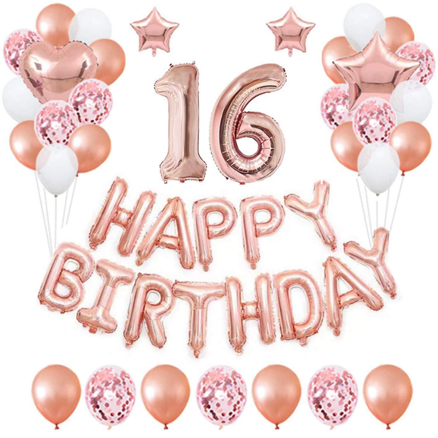 onehous 16th Rose Gold Birthday Party Decorations Pack 48PCS Banner Happy Birthday Decorations for Girls Women Party Supplies Happy Birthday Star Heart Rose Gold Foil Balloons Latex Balloons (16th)