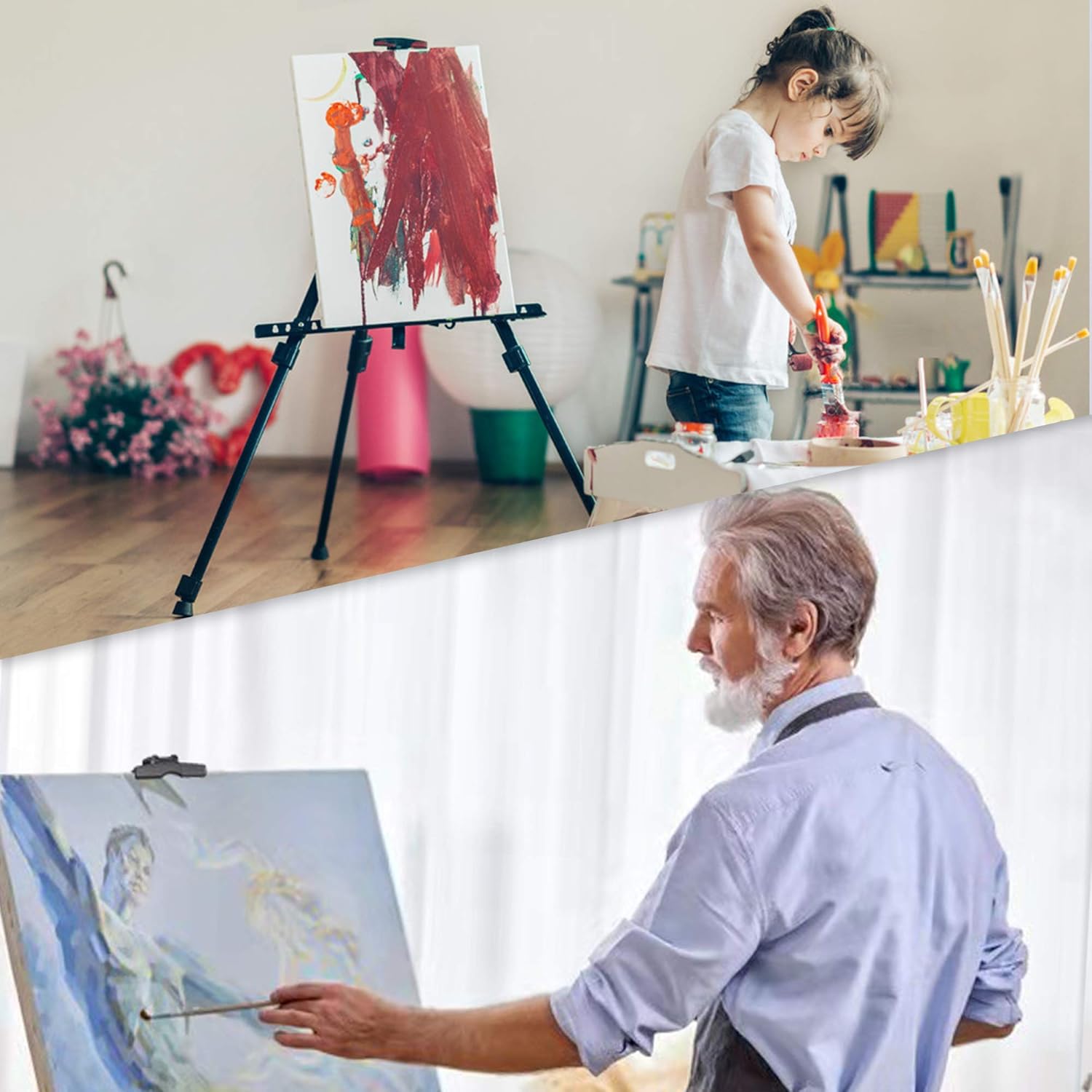 STARHOO Easel for Painting Canvases - Aluminum Art Easel Stand for Table Top/Floor 17" to 56" Adjustable Height with Portable Bag Black