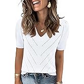 LOMON Womens Sweaters Puff Short Sleeve Lightweight Knit Summer Fall Tops Dressy V-Neck Work Blouses Business Casual Outfits